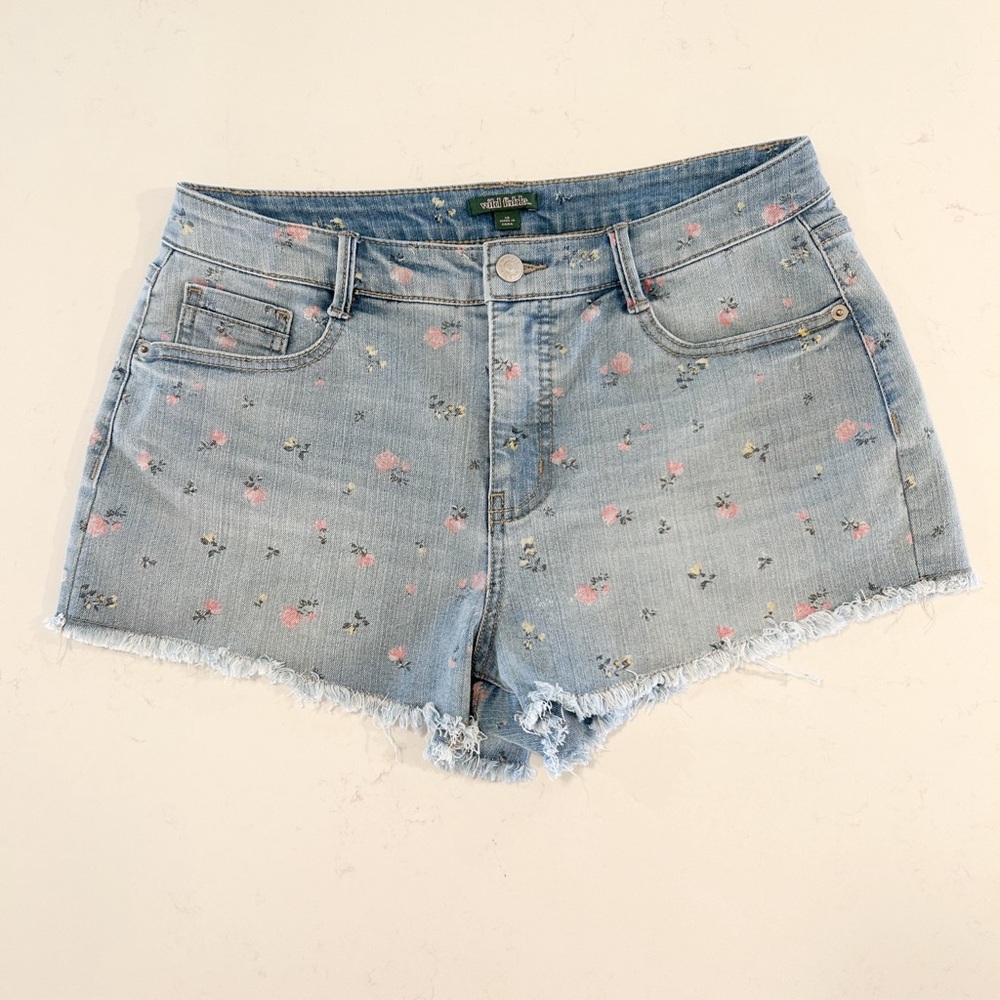 Floral “cut-off” denim shorts